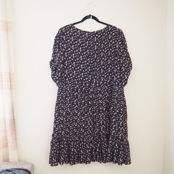 Tanya Taylor Black Floral Pansy Puff Sleeve V-Neck Ruched Flounce Silk Dress - Picture 9 of 12